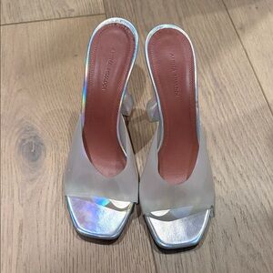Amina Muaddi Iridescent White/Clear Block Heel Mules